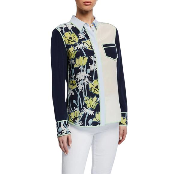 TORY BURCH Printed Contrast Silk Shirt in Navy Poppies Bloom 4 - Picture 2 of 9